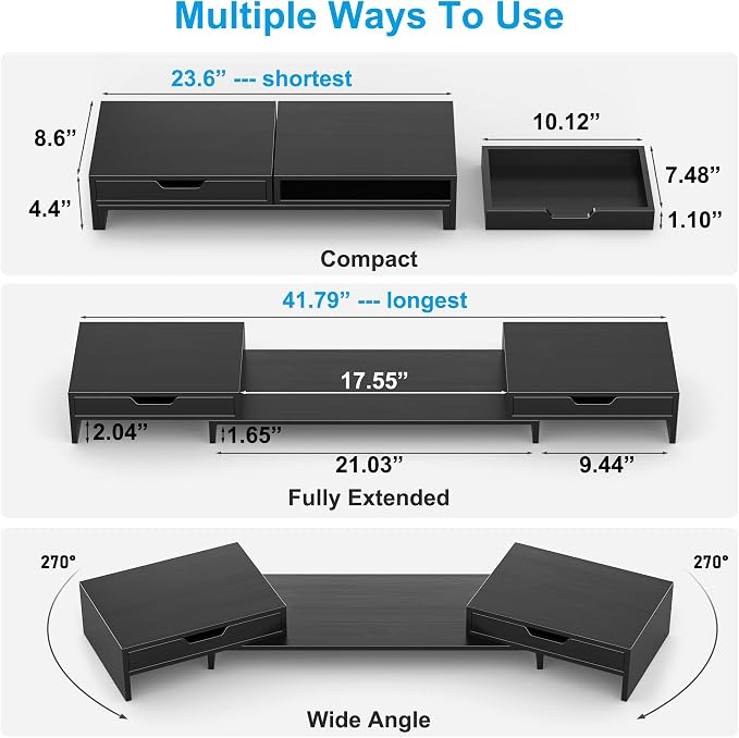 Epesoware Dual Monitor Riser with Two Drawer for Desk, No Assembly Required | Premium Bamboo Dual Monitor Stand with Storage, Desk Monitor Shelf for Computer, IMac & Laptop, Desk Organizer, Black - Image 6