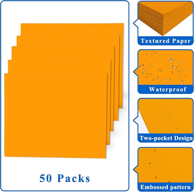 Zzrywuty 50 Packs Two Pocket File Folders with Business Card Slot,Special Paper,Letter Size,Holds 100 Plus Sheets for School,Office,Business,Orange (Orange-50Pcs) - Image 4