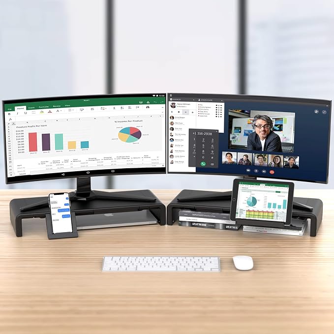 Klearlook Computer Monitor Stand for Desk, Adjustable Foldable Monitor Riser with Storage Drawer & Tablet Phone Holder for Office, Home, Laptop, Desktop (Black 2 Pack) - Image 2