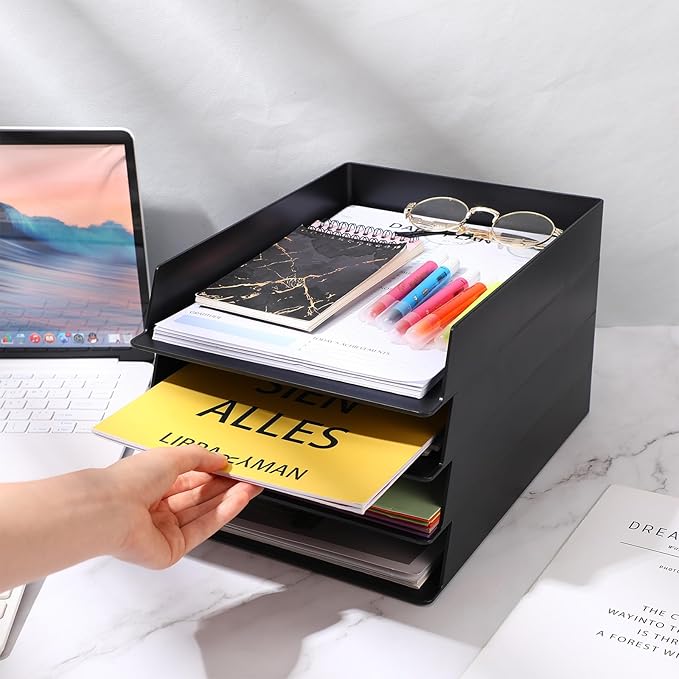 8 Pcs Stackable Paper Trays Rectangular Plastic Desk Holder Desktop Document File Organizer Storage Letter for Office Classroom (Black) - Image 5
