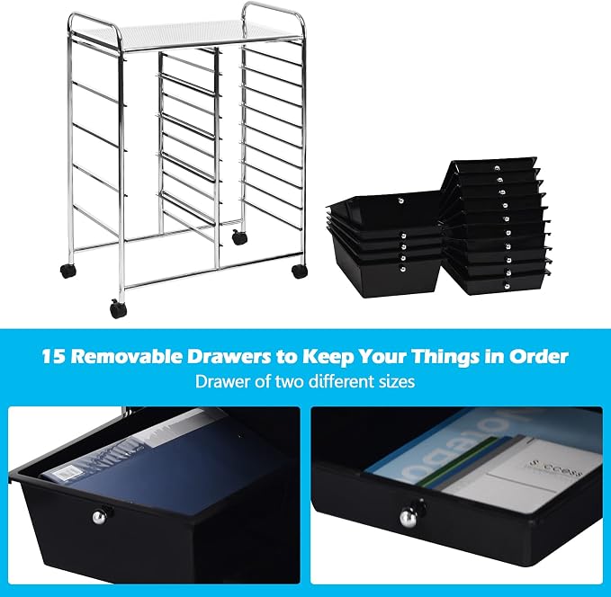 GOFLAME 15-Drawer Rolling Storage Cart, Craft Storage Cart with Removable Drawers & Lockable Wheels, Art Cart Supply Storage Organizer for Home Office Classroom, Black - Image 6