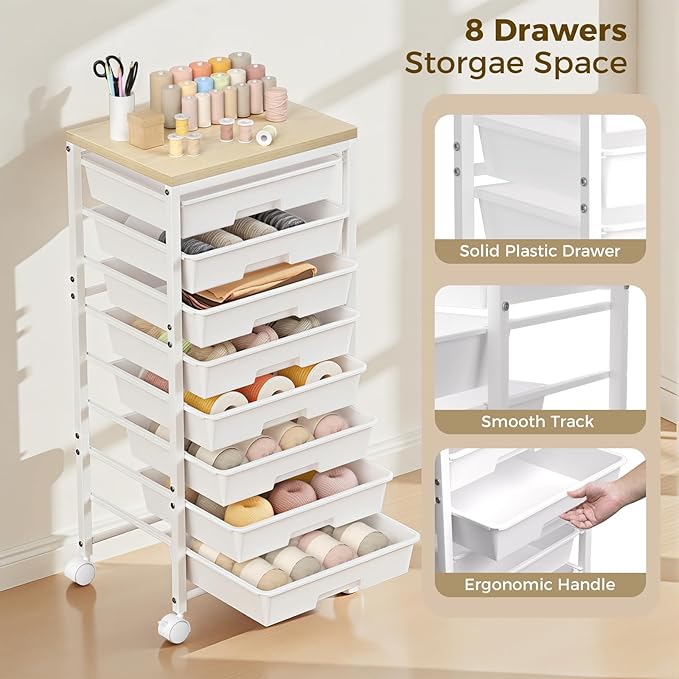 Rolling Cart with 8 Drawers, Plastic Drawer Storage Carts with Wheels & Wooden Tabletop, Metal Utility Cart Organizer for Bedroom Living Room Office Classroom Craft Organization and Storage, White - Image 4