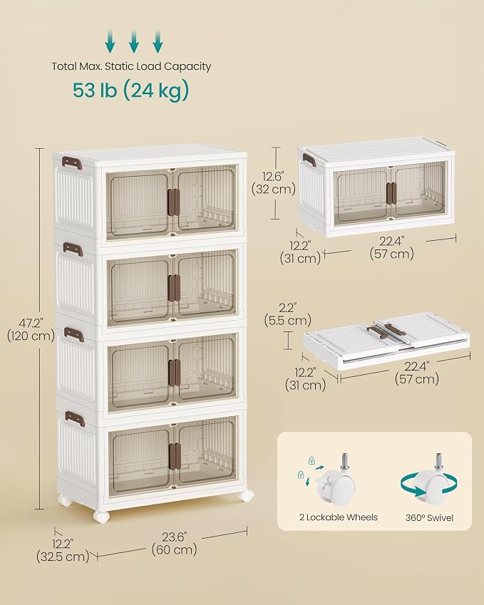SONGMICS 58QT Plastic Storage Bins with 1 Lid, 4-Tier Stackable Bins with Doors and Wheels, Foldable Storage Boxes, for Closets, Bedroom, Living Room, Office, White URLB460WZ01 - Image 6