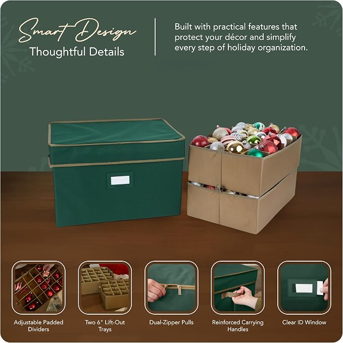 Covermates Keepsakes Adjustable Ornament Storage Box – Heavy-Duty Polyester, Padded Dividers & FlexGrid Trays – Protective Holiday Organizer with Stackable Walls & Label Window, Green - Image 4