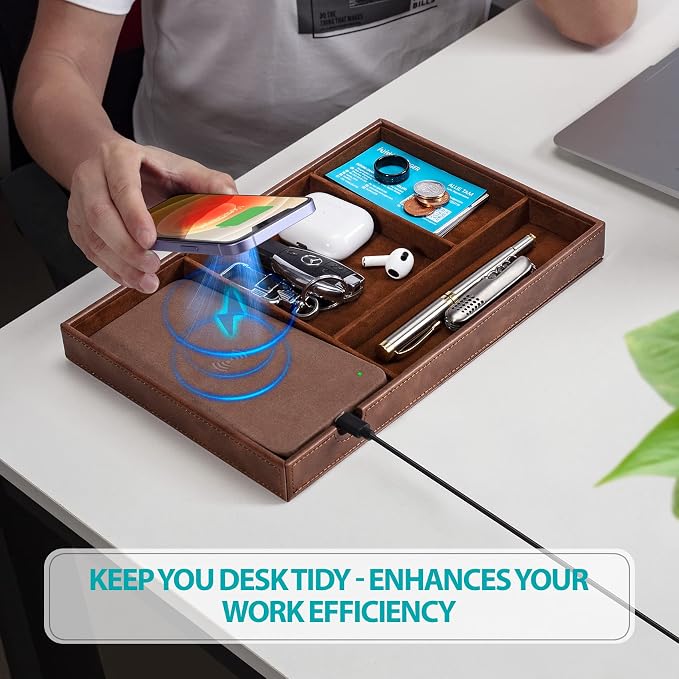 Valet Tray, Built in Wireless Charging Pad, Nightstand Organizer, Dresser Organizer, Mens Jewelry Box, Valet Charging Station, Faux Leather Valet Tray for Men and Women, Brown - Image 3