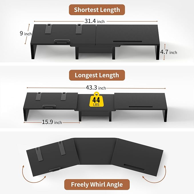 Dual Monitor Stand Riser - Computer Monitor Stand for 2 Monitors，Office Desktop Organizer，Adjustable Length and Angle 3 Shelf with Storage Drawer Phone Holder for Monitors and Laptops-Black - Image 6