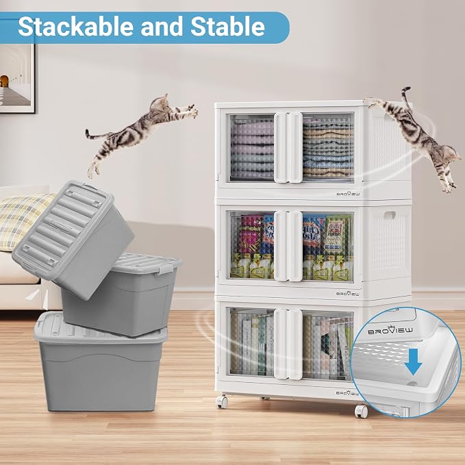BROVIEW 400Qt Stackable Storage Bins with Lids, 100Gal Closet Organizers and Storage Drawer, Plastic Collapsible Storage Bins with Doors, Heavy Duty Store Box Cabinet for Home Kitchen, 4Pack White - Image 8
