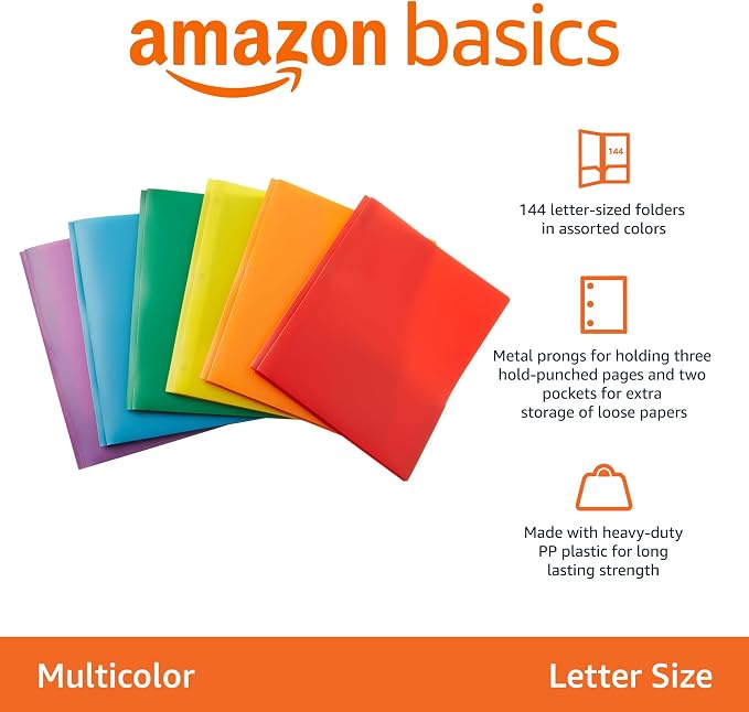 Amazon Basics Heavy Duty Plastic 2 Pocket Folder for Documents, Letter Size Paper, Assorted Colors, Pack of 144 - Image 2