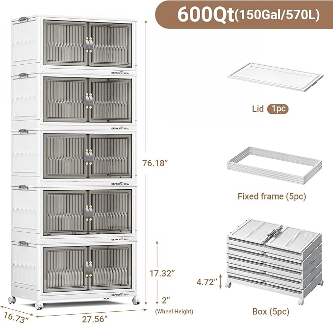 BROVIEW 600Qt Stackable Storage Bins with Lid, Extra Large Closet Organizer Collapsible Drawer Boxes with Wheels, Folding Plastic Cabinet Containers for Home Kitchen Room Organization, 5Pack White - Image 2