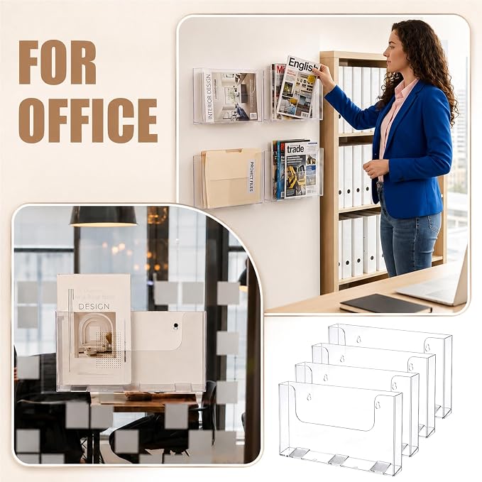 Ripeng 4 Pack Brochure Holder Wall Mount 11 x 8.5 Inch Clear Flyer Stand Acrylic Magazine Booklet Display Stand Plastic File Mail Literature Pamphlet Holder for Paper Organizer Rack Display Horizontal - Image 4