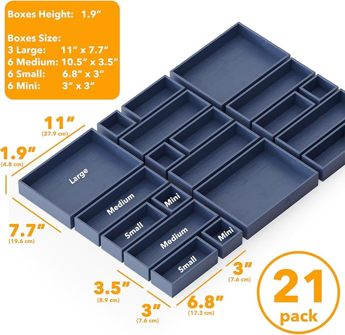 SpaceAid 21-Piece Bamboo Drawer Organizer Storage Boxes Set, Wood Tray Junk Drawer Organizers Multi-Use Divider Bins for Kitchen, Bathroom, Office Desk and Makeup Organization (21 Pack, Navy Blue) - Image 3