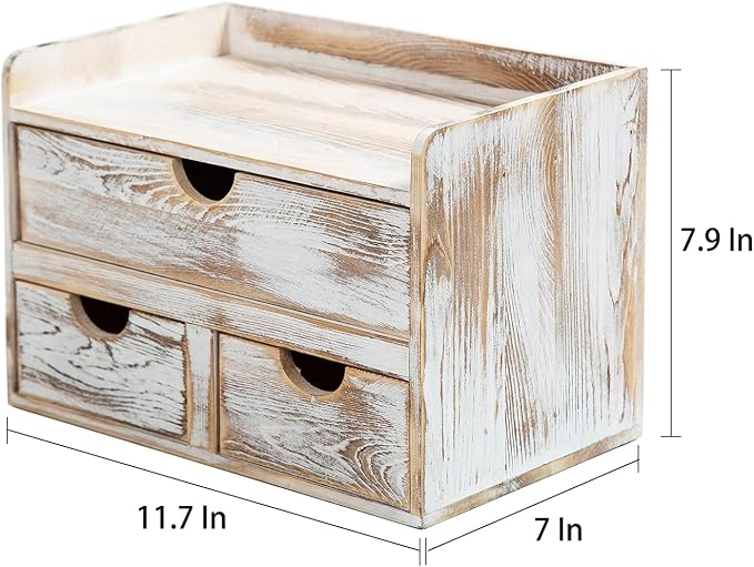 Rustic Distressed white 3-Tier Wood Desk Organizer with 3 Drawers Mini Storage Shelf For Desk, Toiletries Vanity Office Supplies (Vintage white) - Image 3