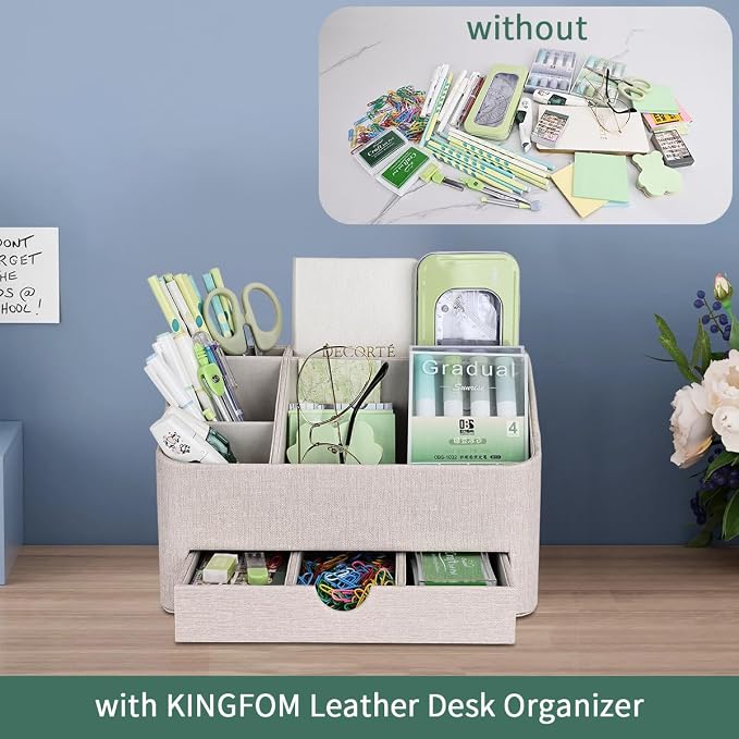 PU Leather Desk Organizer with Drawer, 5 Compartments Desktop Storage Caddy for Office & Home Supplies, Pen Holder for Remote Control, Phone & Accessories, Mail Organizer Countertop(Beige) - Image 6