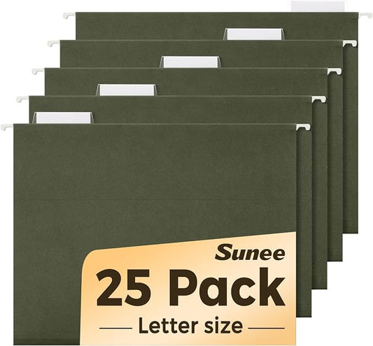 SUNEE Hanging File Folders, 25 Pack Reinforced Hang Folders Letter Size, Adjustable 1/5-Cut Tabs, Designed for Bulky Files, Filing Cabinet, Standard Green by SUNEE