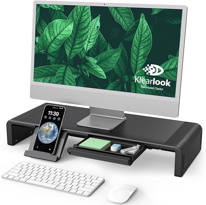 Klearlook Computer Monitor Stand for Desk, Adjustable Foldable Monitor Riser with Storage Drawer & Tablet Phone Holder for Office, Home, Laptop, Desktop (Black) by KlearlookMaximizedClarity