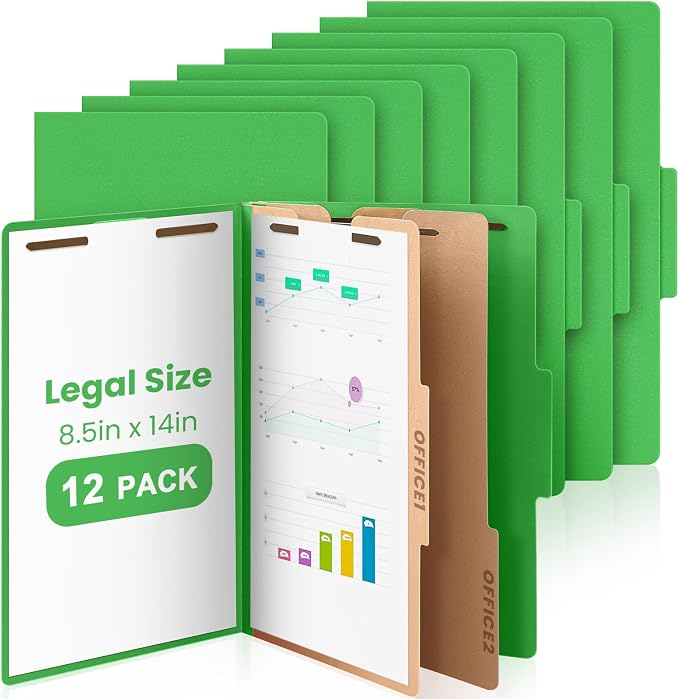 AmazingSpark 12 Pcs Legal Size Classification Folders 2 Divider, Bulk Pressboard File Folder with Expansion 2 Prongs Fastener Heavy Duty Office File Organizer for School Hospitals Home(Green) by Unknown