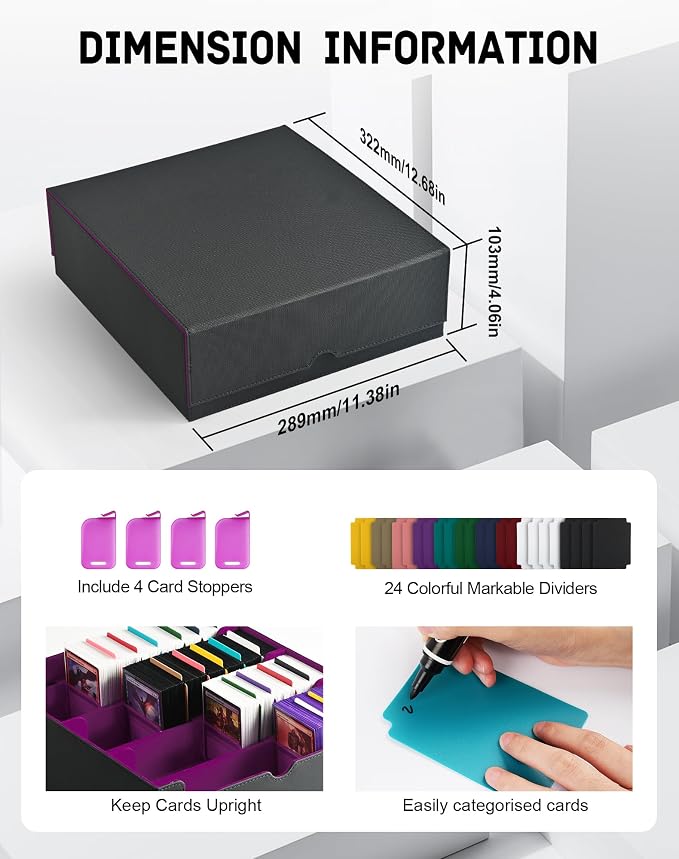 ZLCA Card Storage Box for MTG PTCG, Commander Deck Box Holds 3200+ Cards, Trading Card Storage Case with 4 Stoppers, Card Organizer for TCG Sport Cards(Black&Purple) - Image 2