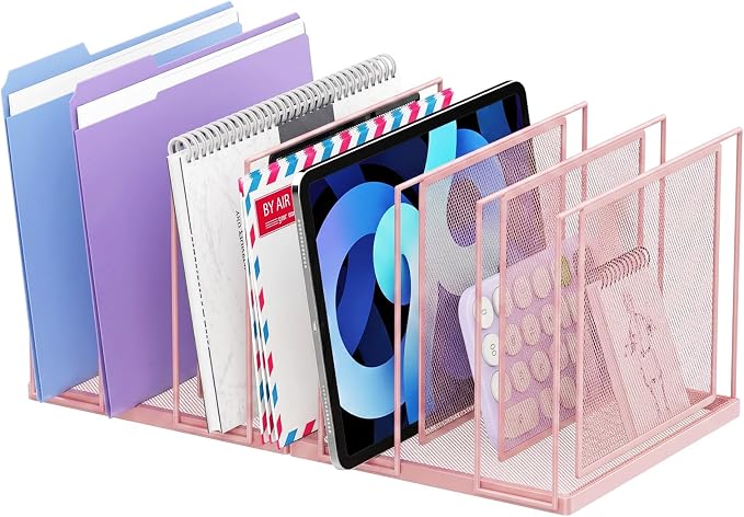 File Organizer for Desk, 7-Section Vertical File Sorter, Paper Holder Organizer Standing Metal File Folder for Office Home Classroom, Pink by JMHUD
