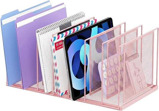 File Organizer for Desk, 7-Section Vertical File Sorter, Paper Holder Organizer Standing Metal File Folder for Office Home Classroom, Pink by JMHUD