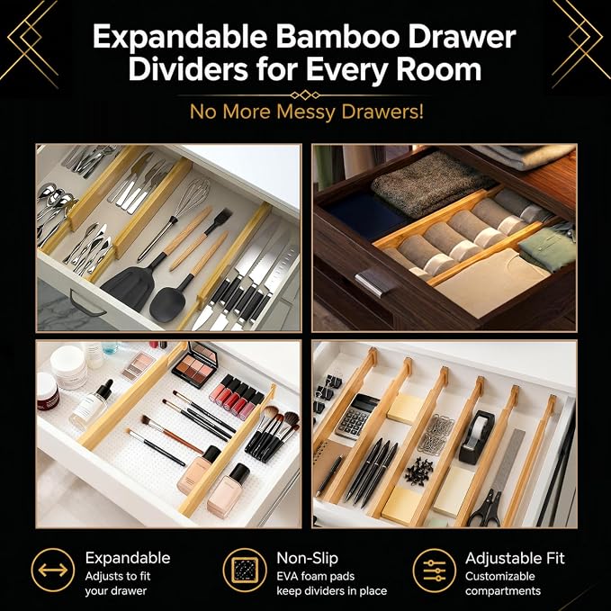 Adjustable Bamboo Drawer Dividers Expandable 8 Pack 17-22 Organizer | Kitchen, Dresser, Closet, Bathroom, Bedroom & Office Storage, Solid Moso Bamboo, Spring-Loaded, 80 Labels - Image 5