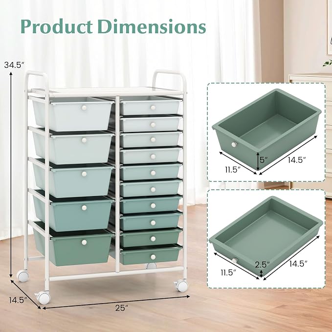 COSTWAY 15 Drawer Rolling Storage Cart, Mobile Storage Organizer | Removable Drawers & Metal Frame, Multipurpose Utility Tools Paper Organizer on Wheels for Home, Office (Green Gradient) - Image 3