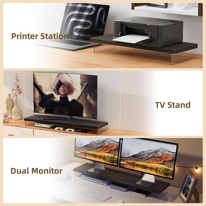 Monitor Stand Riser, 25x10 in Wood & Acrylic Computer Desk Organizer Shelf | Computer Monitor Stand With Wood & Acrylic Design; Works As Laptop Riser, Printer Stand, TV Screen Riser And Desk Organizer. - Image 7