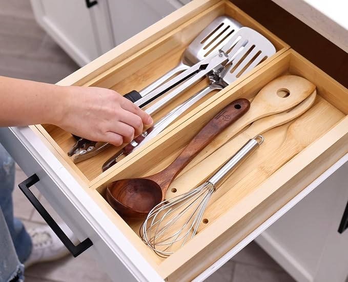 Fabsome Kitchen Utensil Drawer Organizer, Bamboo Silverware Cutlery Flatware Organizer Bins, Wooden Container Storage Trays for Bathroom Vanity Junk Drawer, 15" x 6" Set of 2 - Image 2