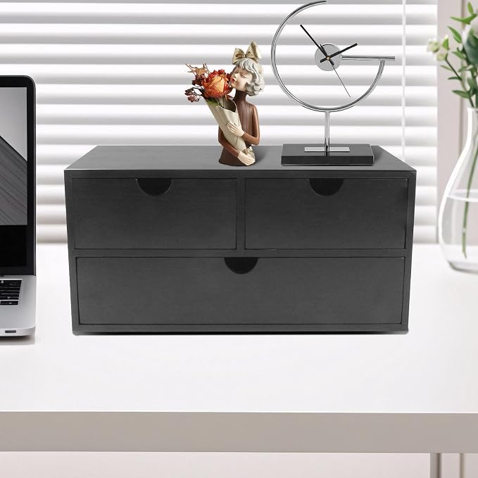 Charmewooden desk organizer with drawers countertop drawer organizer Tabletop Storage Organization Box Home Office Workspace Bathroom Toiletries Supplies (black) - Image 3