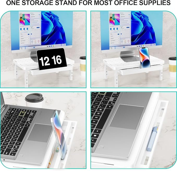 WALI Computer Monitor Stand with Storage, Monitor Riser 3 Height Adjustable | Laptop Riser with Airflow Vents, Desk Organizer for Computer, Printer, Notebook (PTT002-W), 1 Pack, White - Image 3