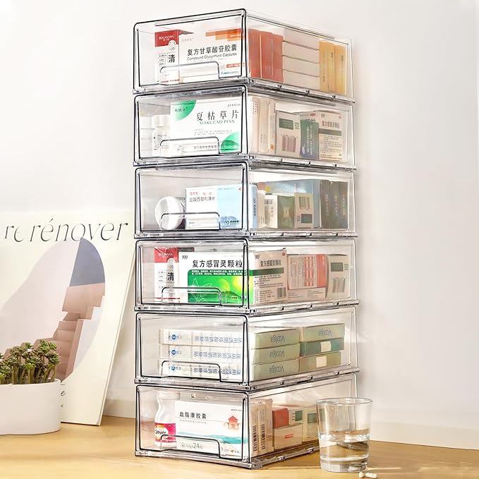 clear Drawer-Type Plastic Storage Box Bins Organizer，Family First Aid Kits Medicine cabinet Box Organizer,Closet ，Shelf，Ointments, Adhesive Bandages，Cosmetics,Office Items (clear, 6L) by Gaoaodeyu