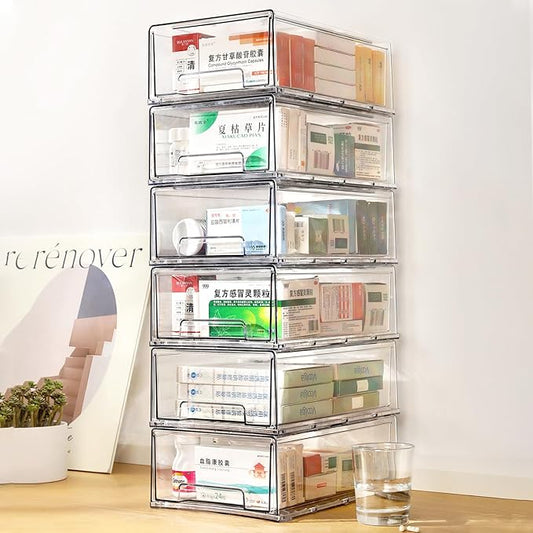clear Drawer-Type Plastic Storage Box Bins Organizer，Family First Aid Kits Medicine cabinet Box Organizer,Closet ，Shelf，Ointments, Adhesive Bandages，Cosmetics,Office Items (clear, 6L) by Gaoaodeyu