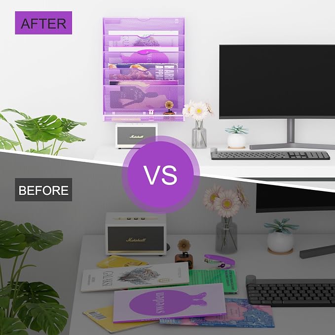 Hanging Wall File Organizer 6 Tier Wall Mounted Mail Paper Folder Holder Document Organization Stand, Vertical Desk Magazine Rack for Office Home Cubicle Countertop, Light Purple - Image 5