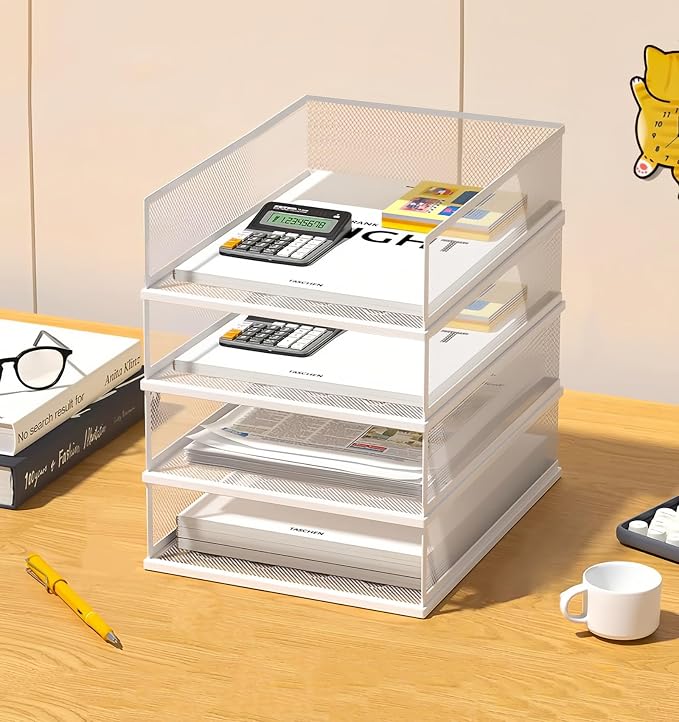 A3 Mesh Desk File Organizer, Stackable Paper Tray，Desktop Document Sorter, File Storage, 3/4/5-Tier Paper Letter Tray Organizer, Desk Accessories & Workspace, Black (4 Tier-Portrait-White) by wen-liz-US