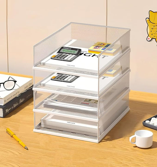 A3 Mesh Desk File Organizer, Stackable Paper Tray，Desktop Document Sorter, File Storage, 3/4/5-Tier Paper Letter Tray Organizer, Desk Accessories & Workspace, Black (4 Tier-Portrait-White) by wen-liz-US