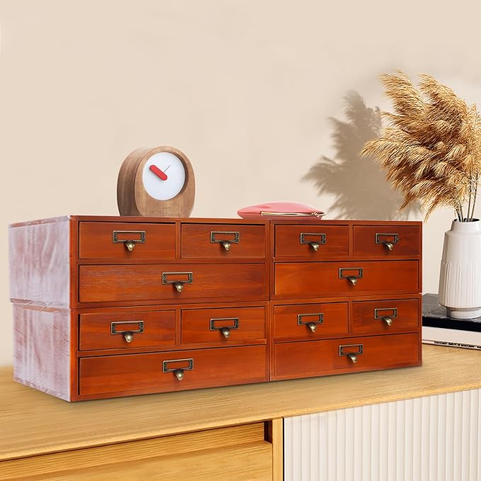 4-Pack Wooden Storage Box with 3 Drawers, Vintage Desktop Organizer Apothecary Cabinet Stackable Drawers with Label Holders for Herb Storage, Tea Collection, Stationery - Image 5