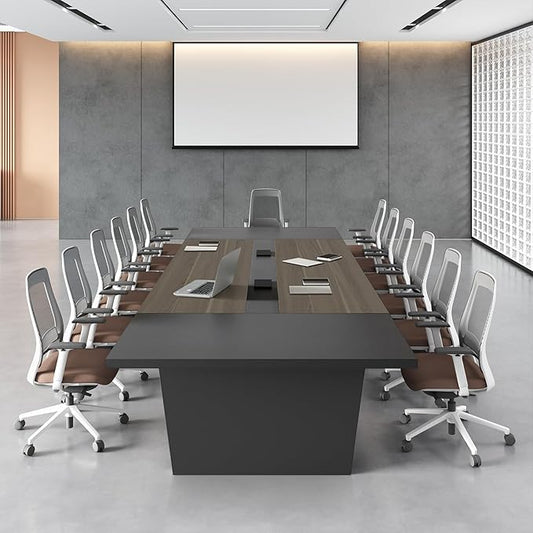 10FT Conference Table, Large Rectangular Seminar Meeting Table, Modern Conference Room Table with Cable Management & 2" Thickened DeskTop for Office Meeting (Oak + Gray, 118"L * 51"W * 30"H)