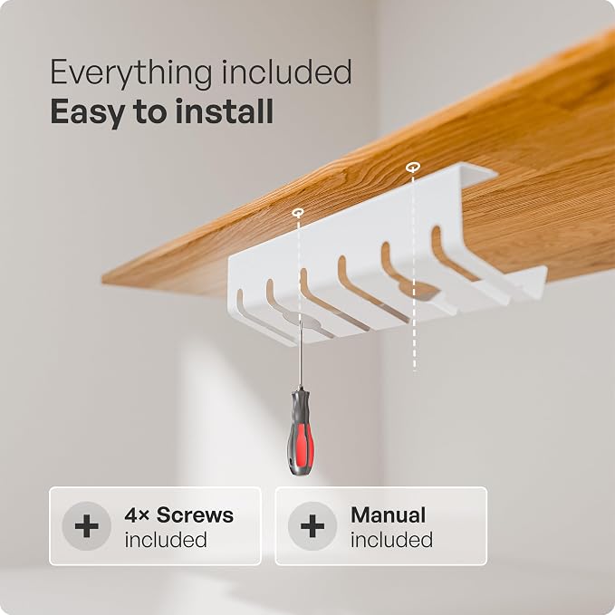 PAMO Cable Management Under Desk, Set of 2 - White | Includes 10 x cable holders, cable clips & screws, easy installation - made of high quality powder coated steel. - Image 7