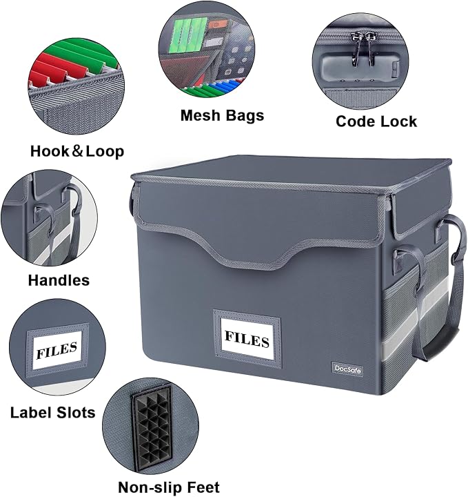 DocSafe Fireproof Document Box with Lock,File Storage Organizer with Zipper Pockets,Collapsible Portable File Box Home Office Safe Filing Cabinet with Handle for Hanging Letter/Legal Folders,Gray - Image 4