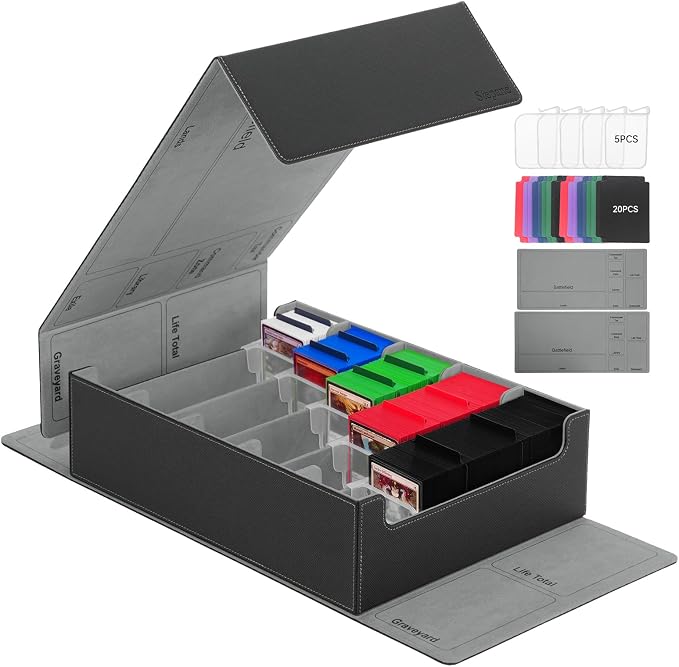 5 Row Trading Card Storage Box, 3800+Bulk Card Organizer Box with 20 Dividers & 5 Supporters, Graded Card Deck Box for YuGiOh, MTG, TCG with Double Lid Black/Grey by Stepane