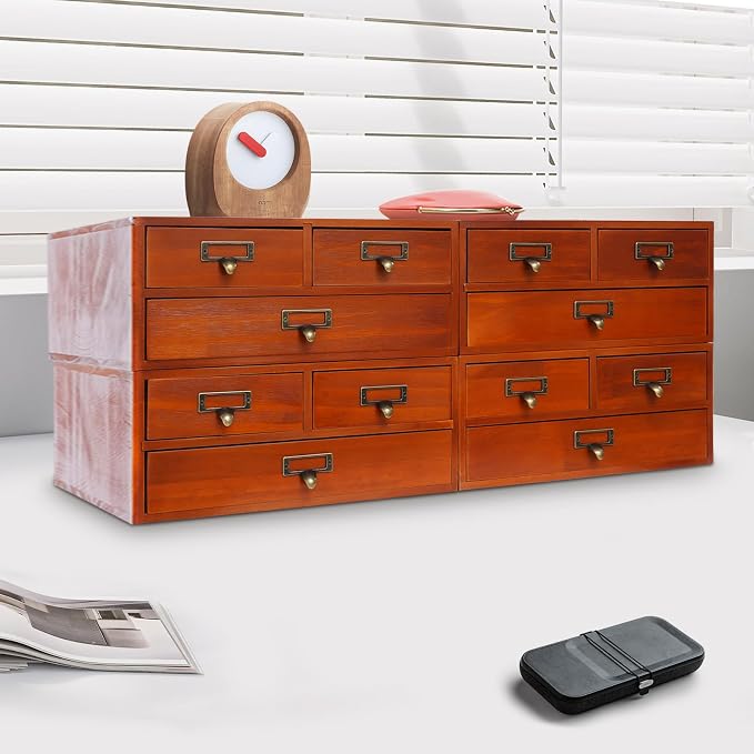 4 Pcs Vintage Desktop Organizer Set, Wooden 3 Drawer Storage Cabinets with Metal Handles & Label Slots, Stackable Apothecary Chest for Office, Herb, Tea, Jewelry and Stationery Organization (Brown) - Image 4