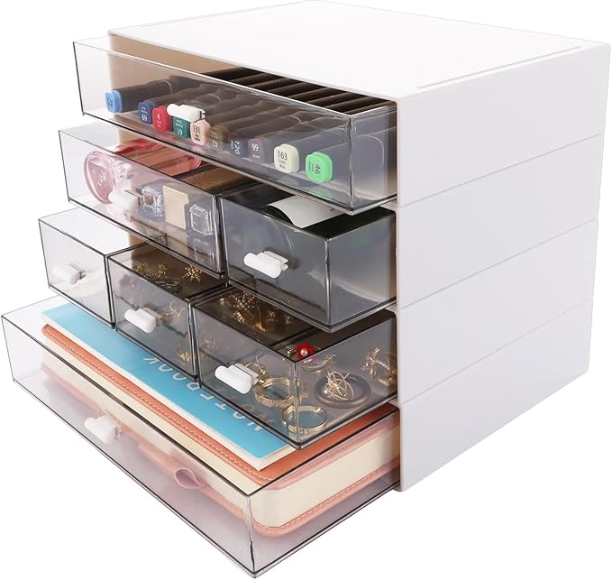 ASelected Desktop Organiser 7 Drawers Stackable Desk Storage Box, Small Plastic Storage Unit With Drawers Plastic Drawers Storage Unit For Home Collection, Makeup, Office Supplies White by GiveYouTheBestChoice