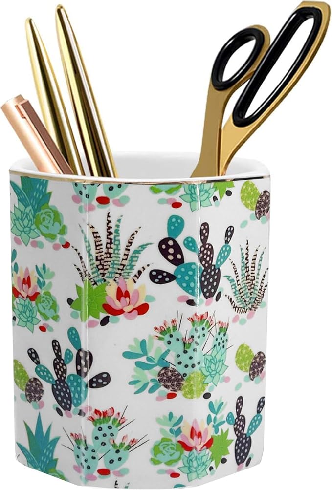 Pen Holder, Makeup Brush Holder Ceramic Shiny Gold Tropical Cactus Floral Succulents Pattern Plants Pencil Cup for Girls Kids Women Durable Stand Desk Organizer Gift for Office, Classroom, Home
