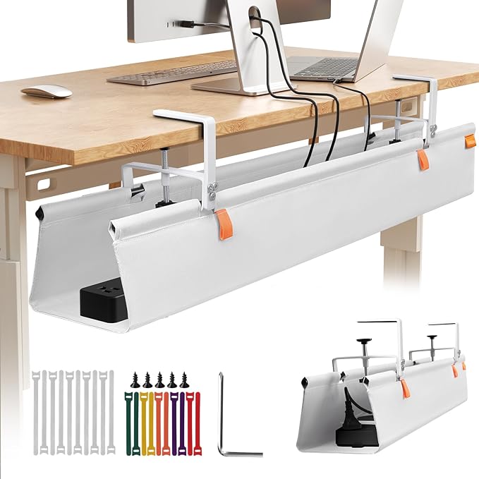 Under Desk Cable Management Tray No Drill,48Inch Cable Management,White | Clamp and Screw Mount Cable Management Tray, Extra Large Capacity Desk Cable Management, Fabric Wire Management for Office by SUREUP9