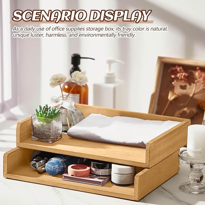Yeaqee 4 Pcs Stackable Paper Organizer Tray Wood Desk Organizer Letter Tray Desktop Letter Size Office Wooden Desk Shelf Paper Holder Folder Organization Rack for Mail File Document(Light Wood Color) - Image 4