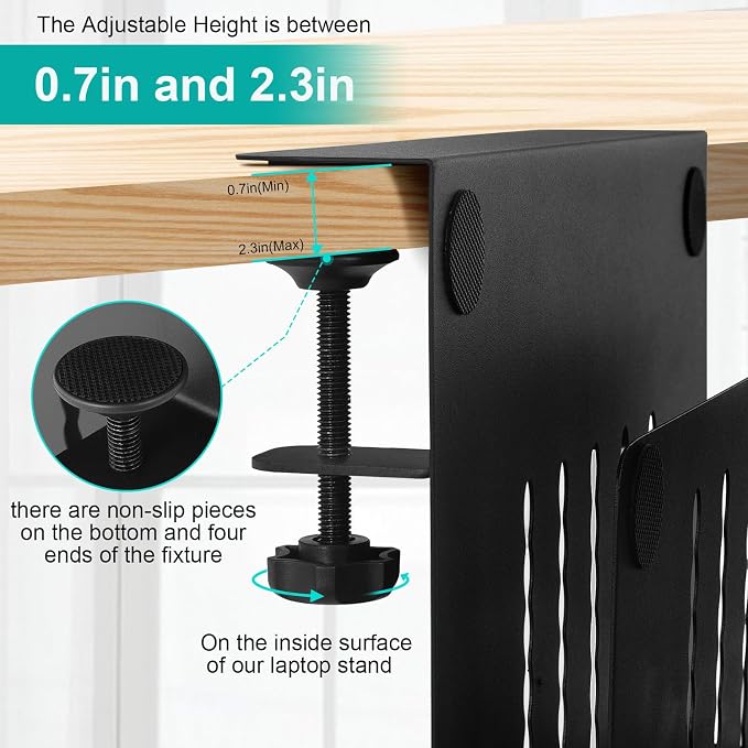 Desk Side Storage, Under Desk Storage, Steel Hanging Desk Organizer, Laptop Holder, with Pen Holder, No Drill Desk Storage Holder for Office and Home - 2 Tier(Black) - Image 5
