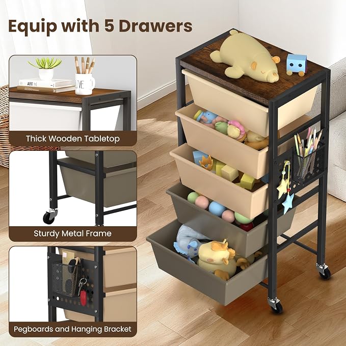 Rolling Cart with 5 Drawers, Plastic Drawer Storage Carts with Wheels & Wooden Tabletop, Metal Utility Cart with Pegboards, Office Living Room Classroom Craft Organization and Storage, Dark Brown - Image 5
