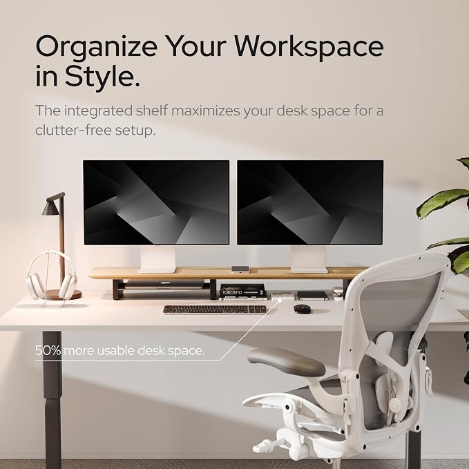 KIVY Dual Monitor Riser With Integrated Metal Shelf [MADE BY HAND] - Wooden Desk Shelf for 2 Monitors - Wide Long Stand for Desk (44 x10x3in - Oak) - Image 2
