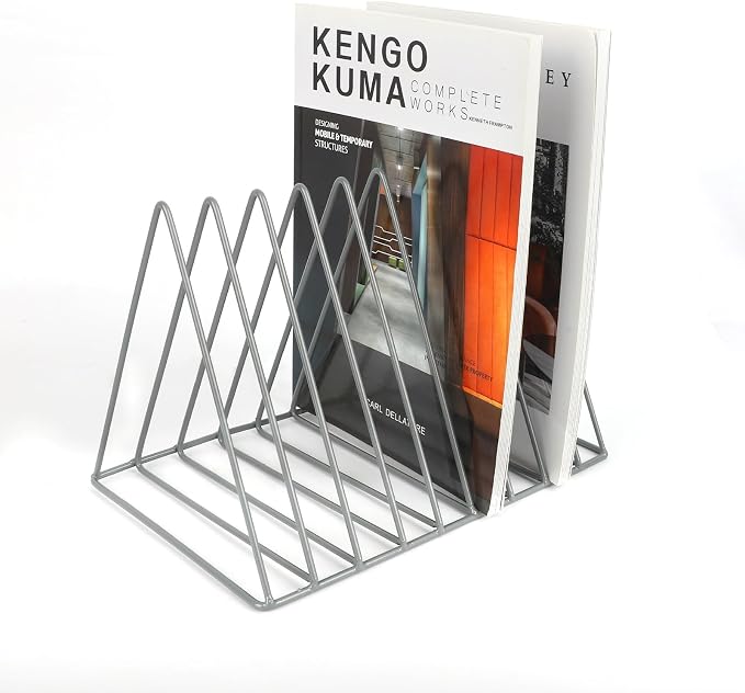 Vinyl Record Holder Storage, 9 Slot Metal Magazine Book Album Display Rack, Stylish Triangle Desktop File Sorter Organizer for Home Office, Grey Pack of 2 - Image 6