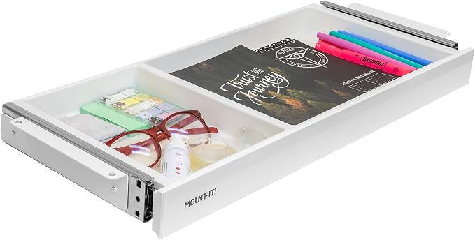 Mount-It! Under Desk Drawer Organizer with 2 Compartments, Shallow Low-Profile Slide-Out Desk Tray, 20.7″ x 8.9″ x 1.8″, Pull-Out Pencil Drawer for Traditional & Standing Desks- White by Mount-It