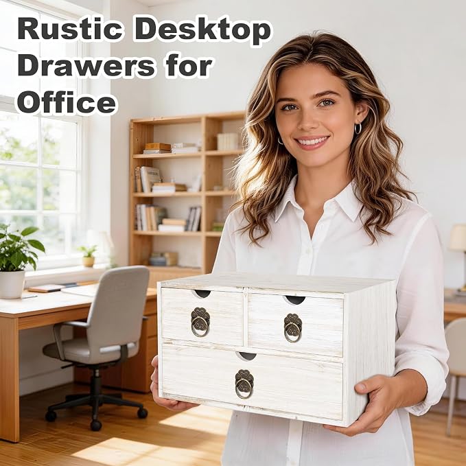 Wood Desk Organizer with Drawer, White Wooden Desktop Organizer, Tabletop Storage Organization Box for Countertop, Home Office Supplies (3 Drawer) - Image 4